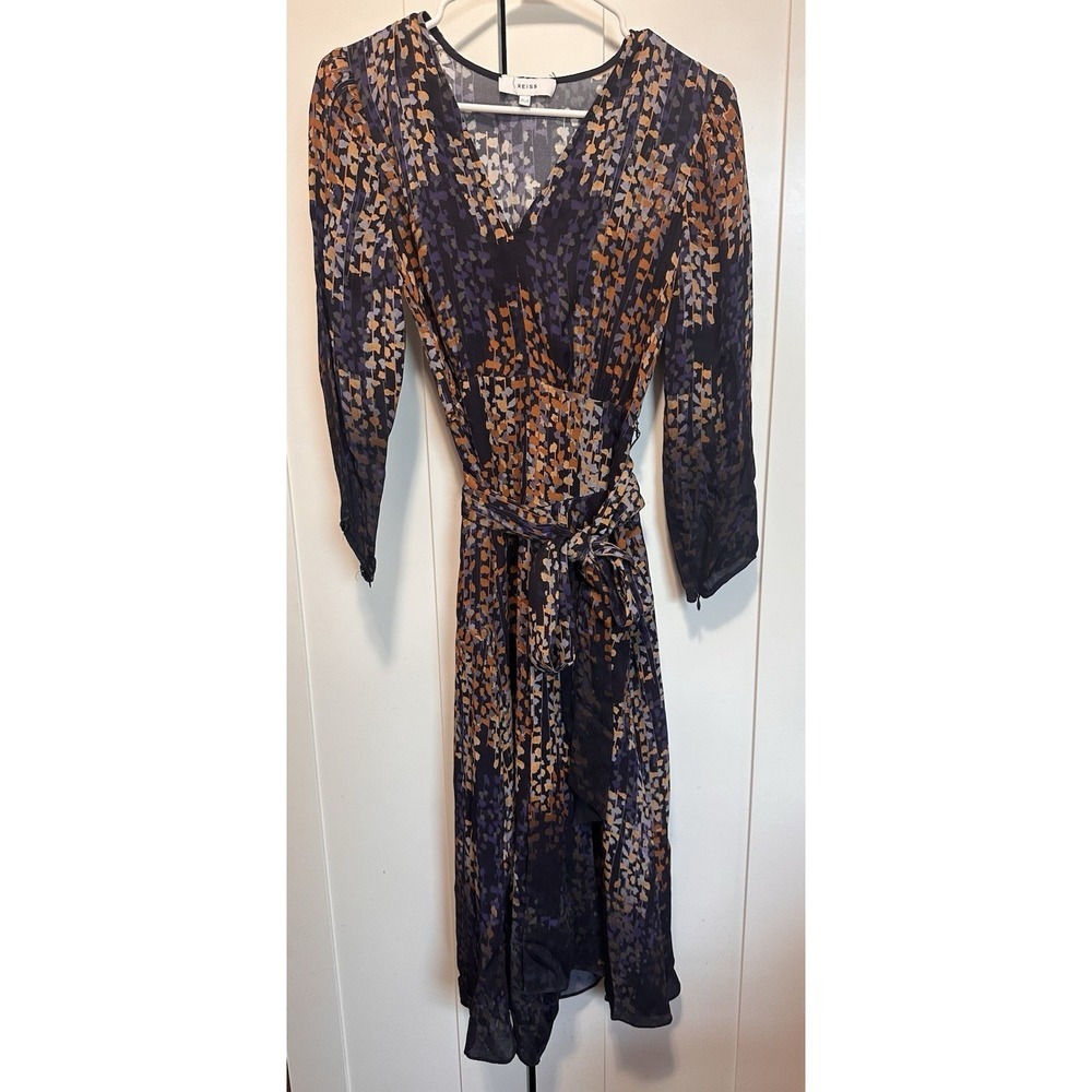 Reiss Esther Coco Leaf Ombre Long Sleeve Midi Print Wrap Dress, Multi Size: US2